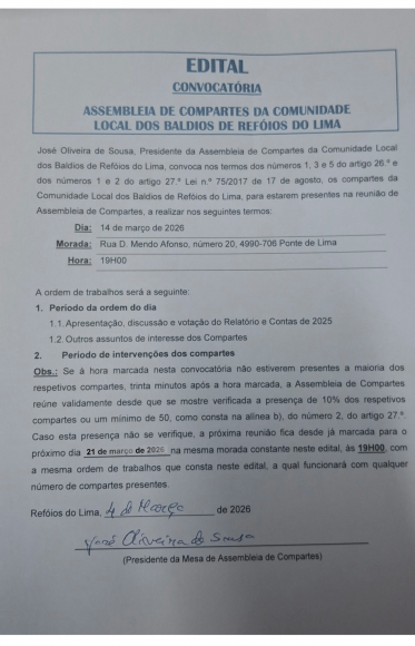 CONVOCAT&Oacute;RIA| ASSEMBLEIA DE COMPARTES DA COMUNIDADE LOCAL DOS BALDIOS DE REF&Oacute;IOS DO LIMA| MAR&Ccedil;O 2026